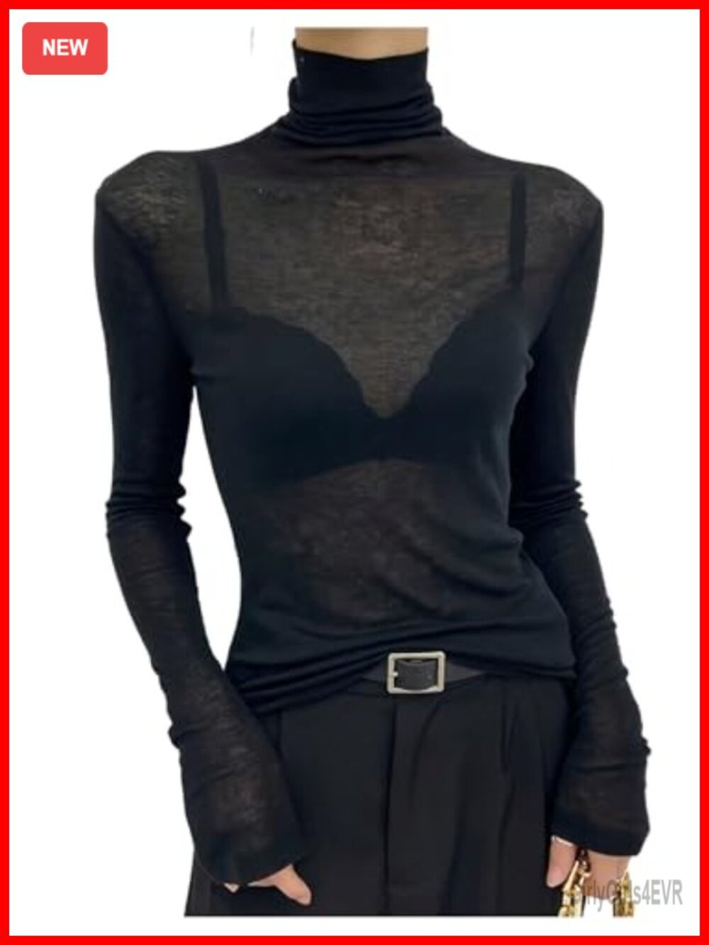 Sheer Mesh See Through Mock Neck Long Sleeve T Shirt, High Turtleneck, Going - Picture 1 of 3
